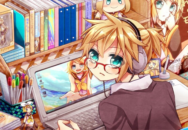 Anime character at laptop desk