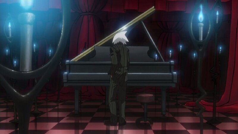 Anime Character at Piano — Black, Dramatic