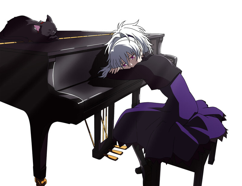 anime character at piano with cat