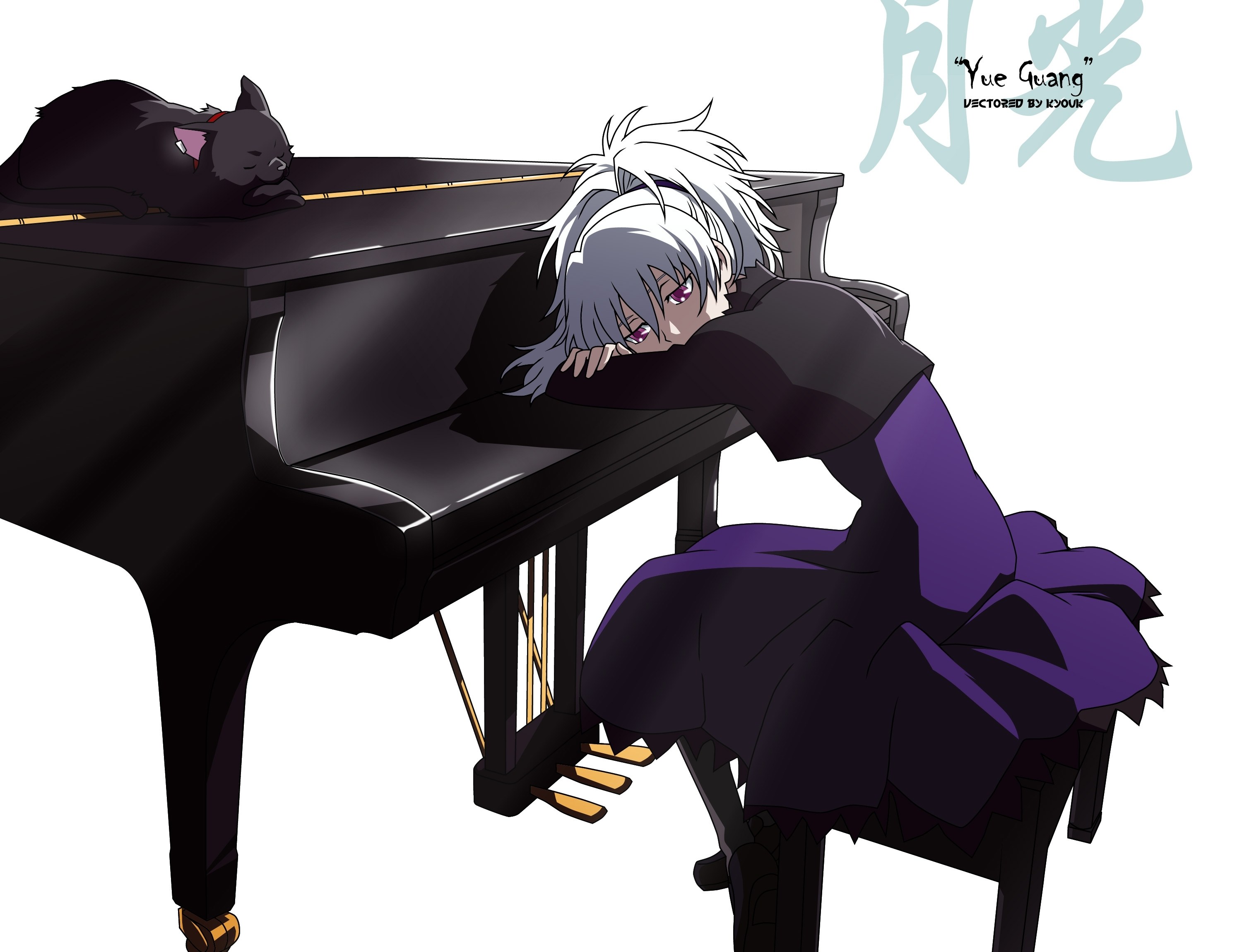 anime character at piano with cat