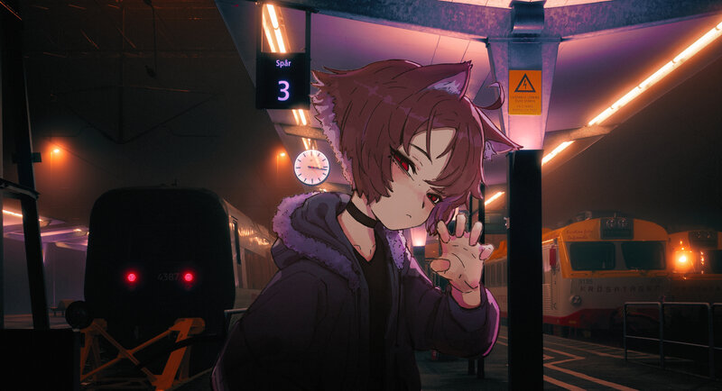 Anime Character at Train Station — Purple