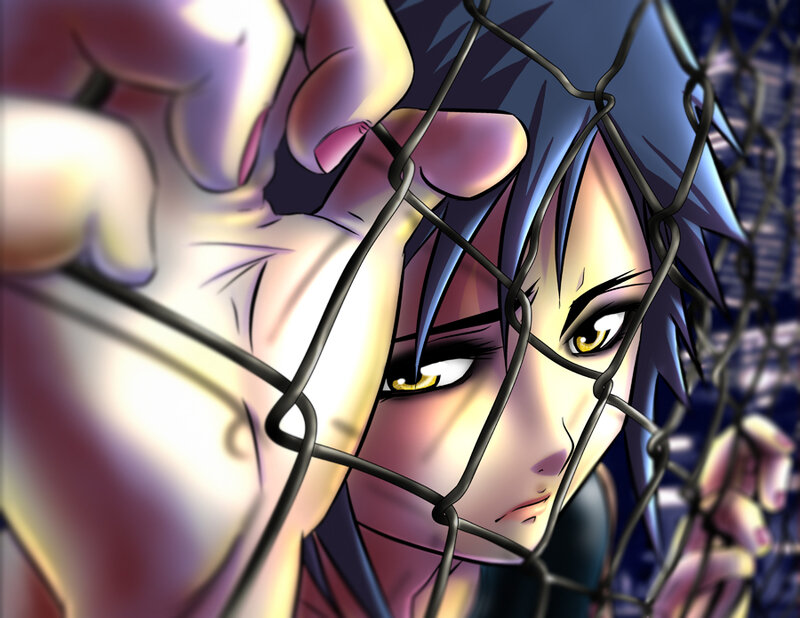 anime character behind fence