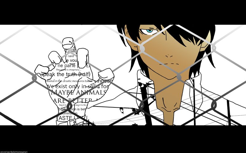 Anime Character Behind Fence — Black, Dramatic, Manga, Text