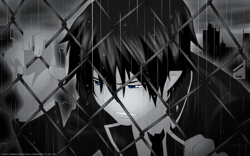 Anime character behind fence in rain