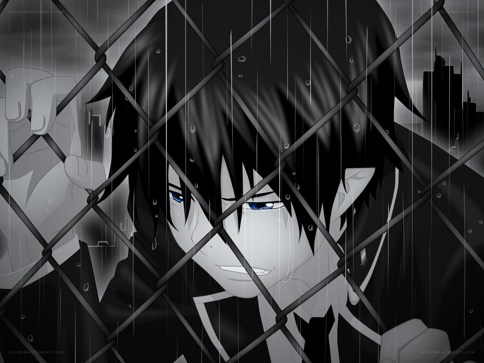 anime character behind fence in rain