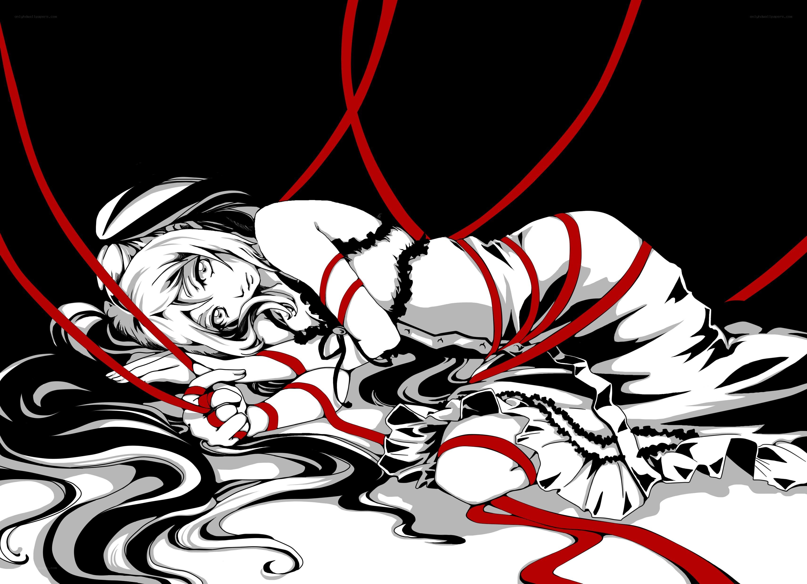 Anime character bound by red ropes