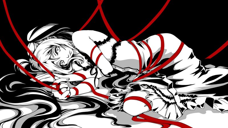 Anime character bound in red ropes