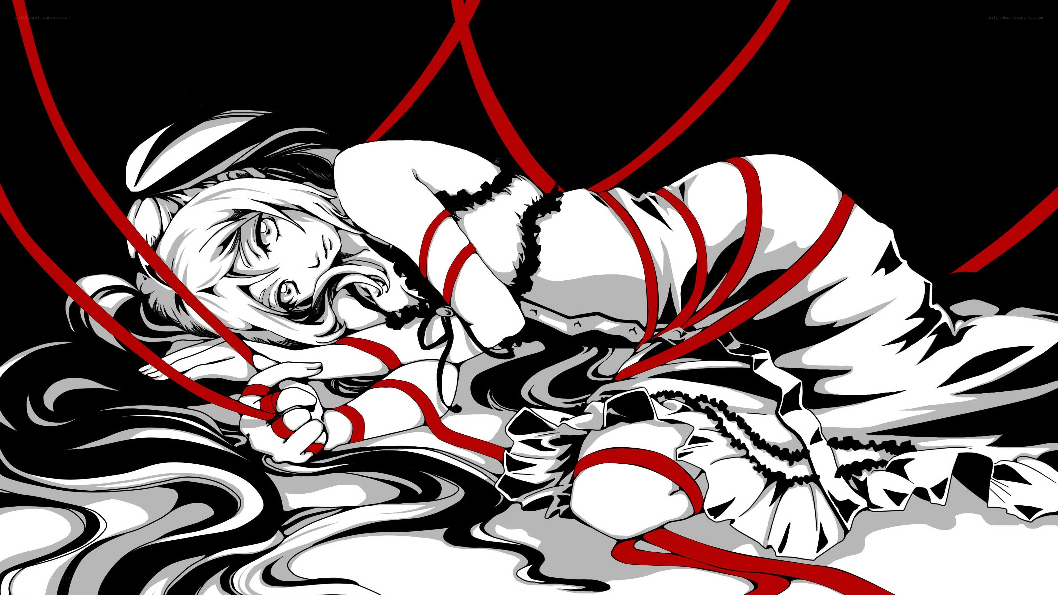 Anime character bound in red ropes
