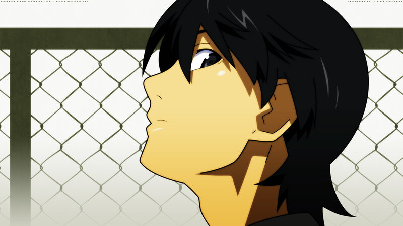anime character by chain-link fence