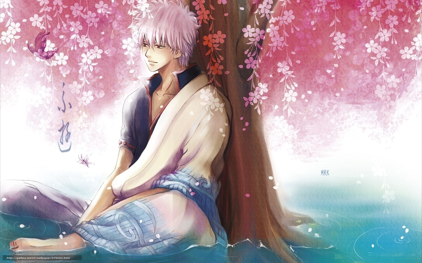 Anime character by cherry blossoms