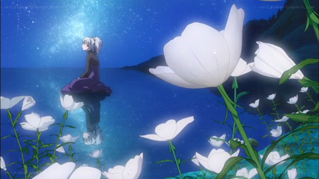 Anime character by flowers at night