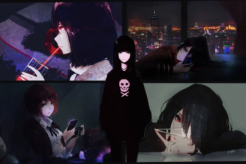 Anime Character Collage — Black, Dark, Night