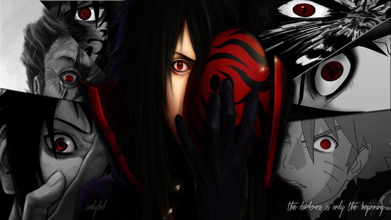 Anime Character Collage — Black, Dramatic, Digital Art, Red Eyes