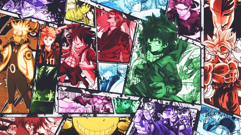 Anime Character Collage — Green, Dynamic, Manga