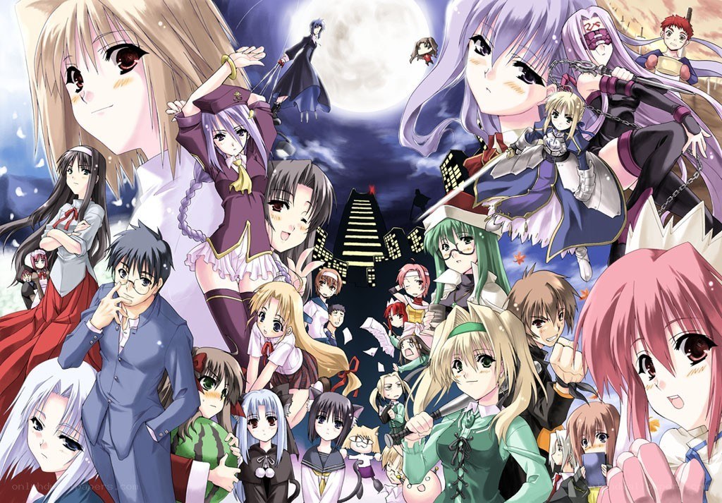 Anime character collage under moonlight
