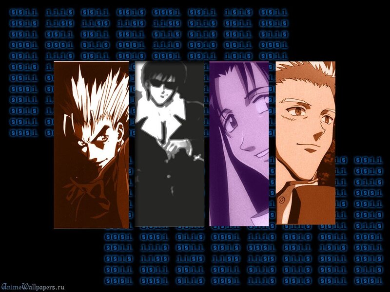 Anime character collage with binary code