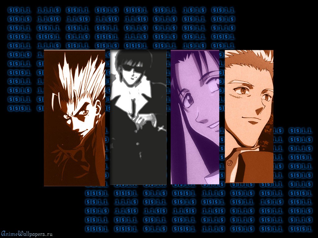 Anime character collage with binary code