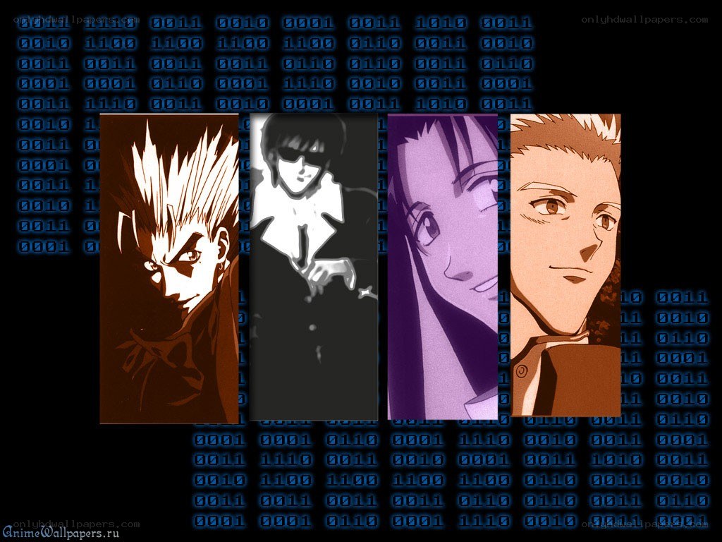 Anime character collage with binary code