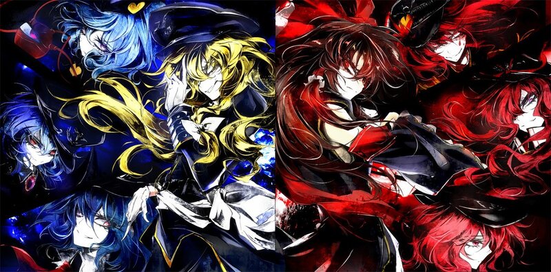 Anime character collage with blue and red themes