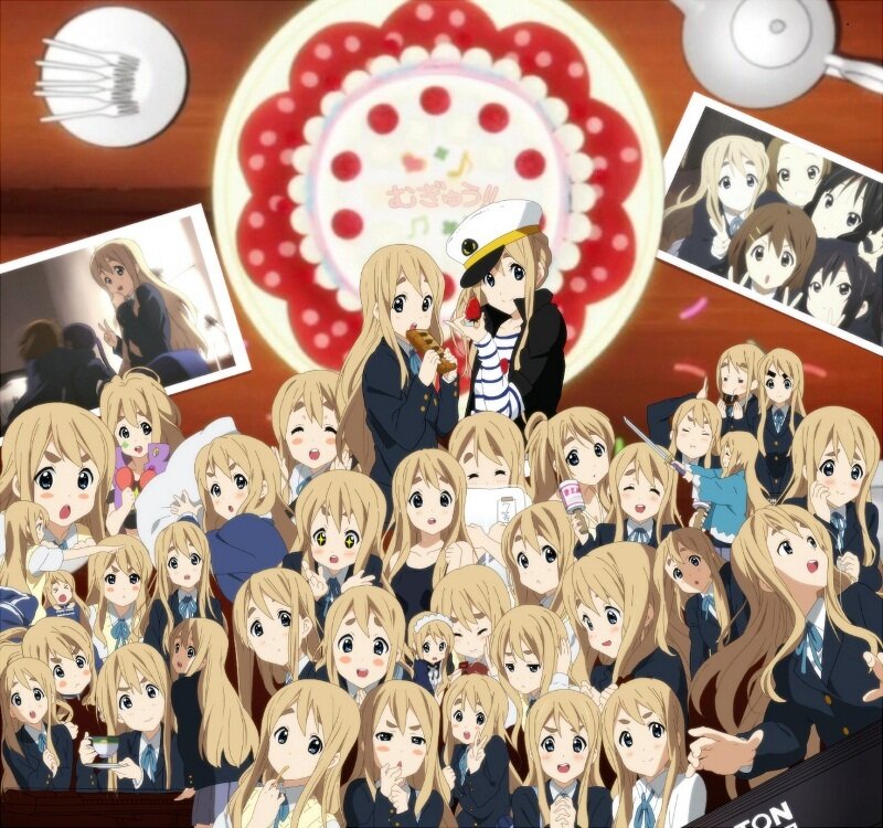 Anime character collage with cake