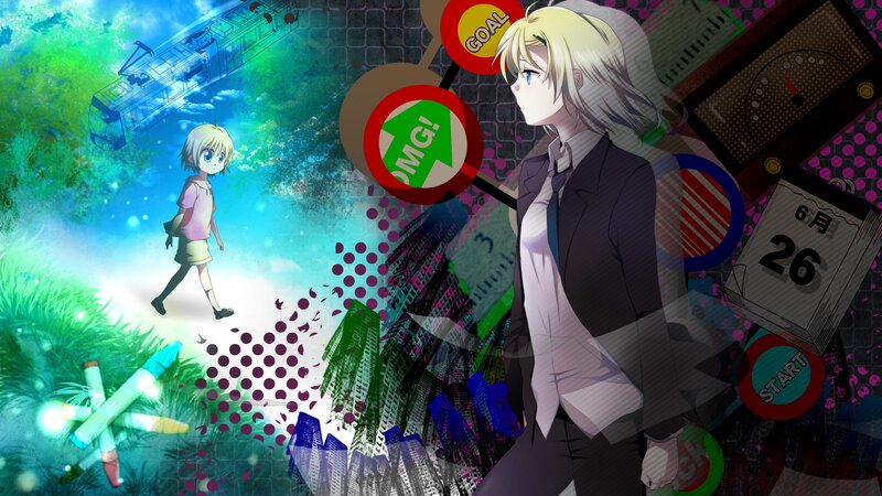 Anime character collage with city and nature