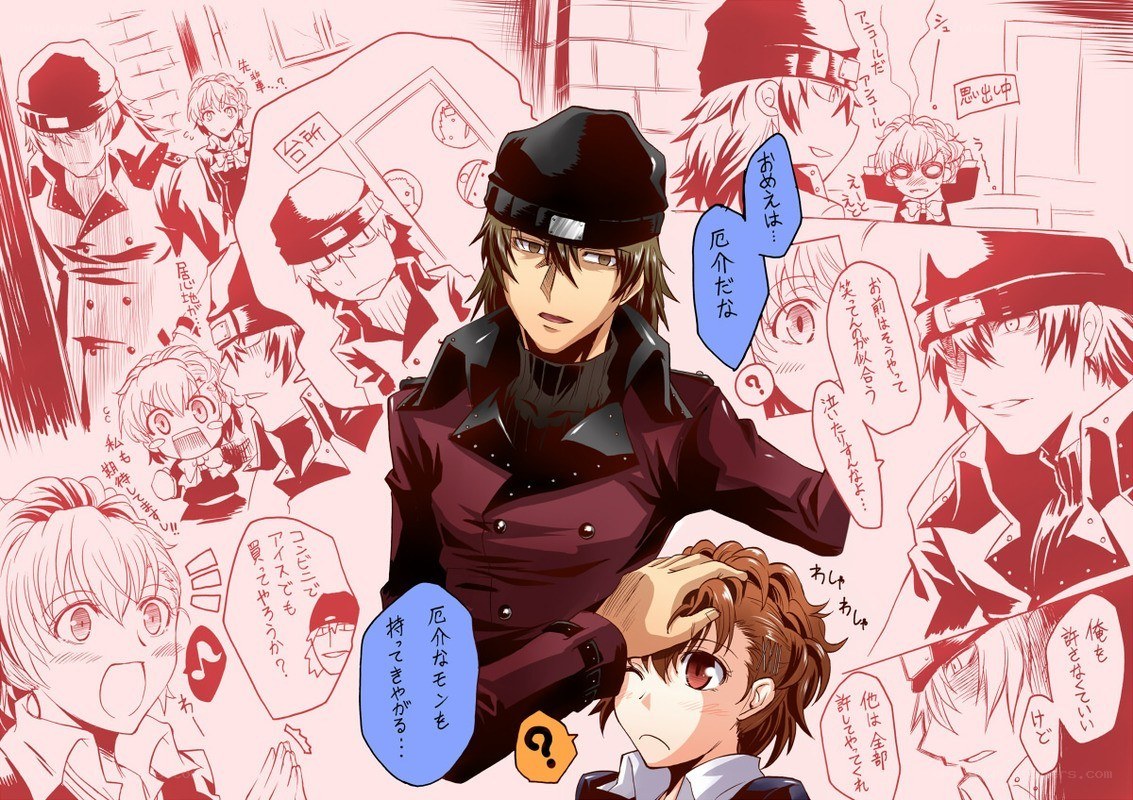 Anime character collage with dialogue