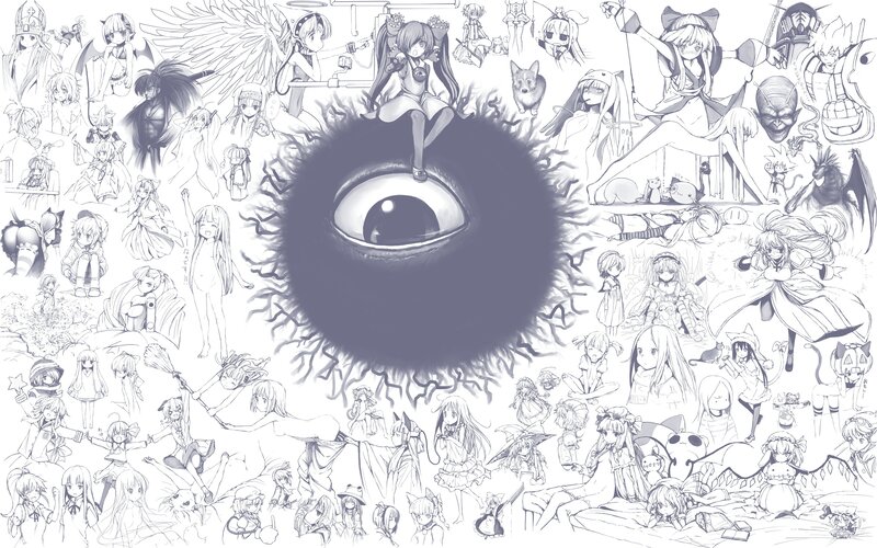 anime character collage with eye