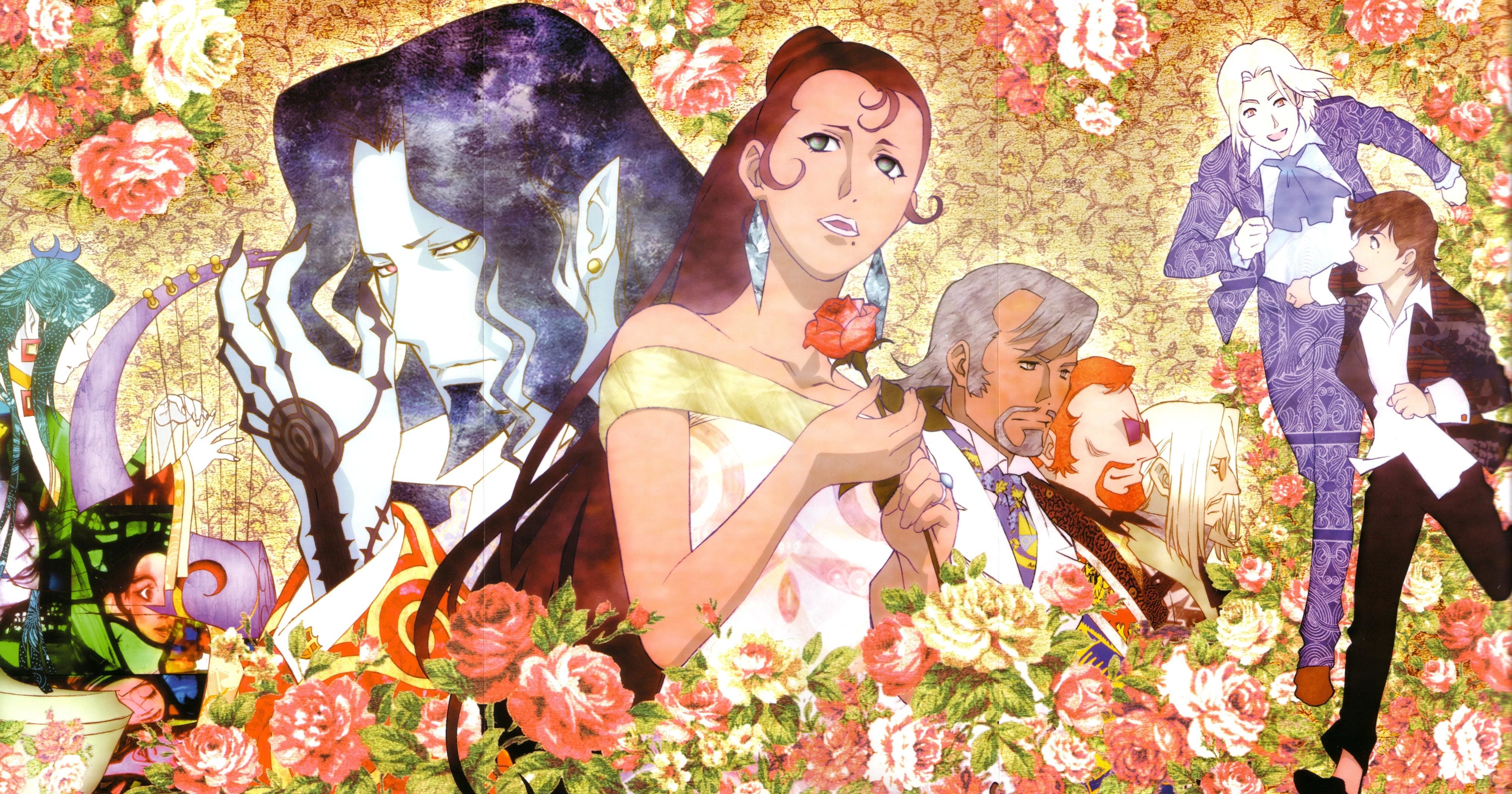 Anime character collage with flowers