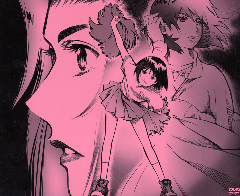 anime character collage with pink overlay
