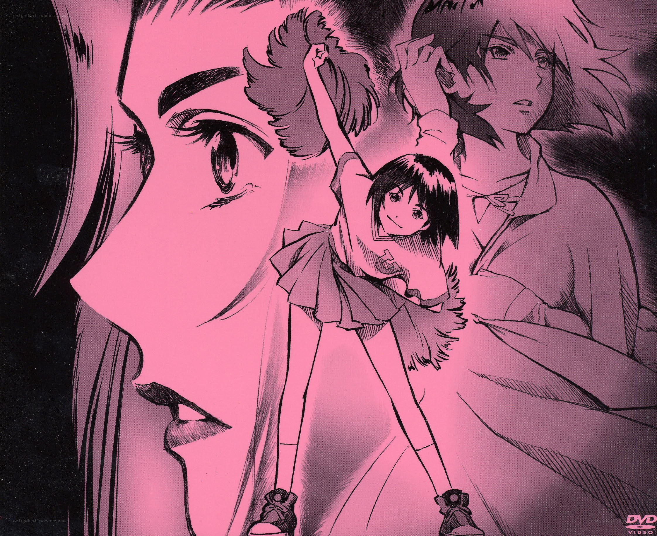 anime character collage with pink overlay