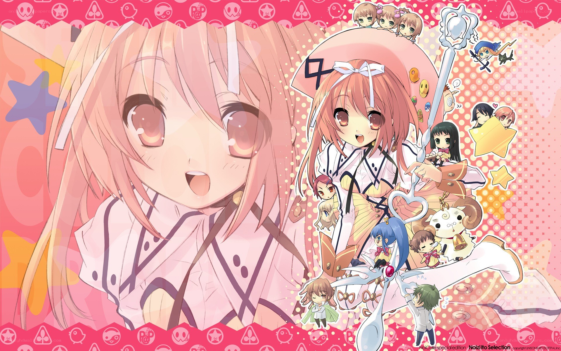 Anime character collage with pink theme