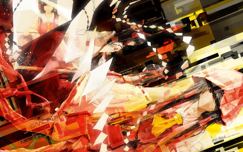 Anime character collage with red and yellow tones
