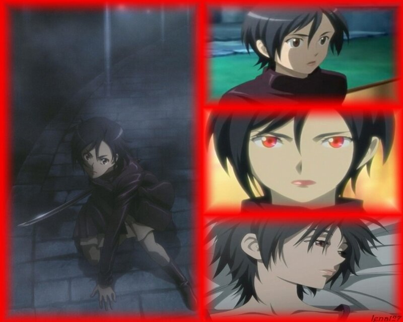 Anime character collage with red border
