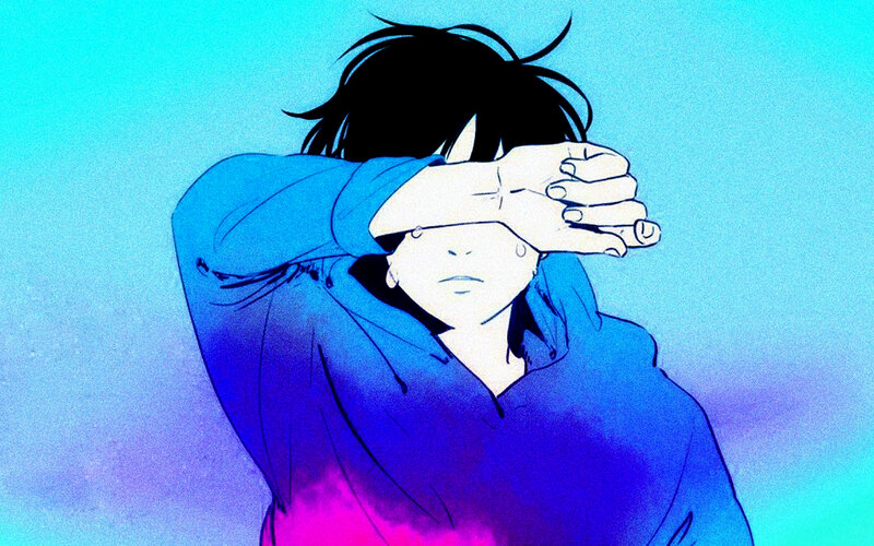 Anime Character Covering Face — Blue