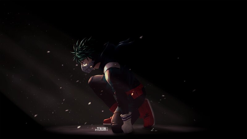 Anime Character Crouching — Black, Dramatic, Night, Digital Art, Mask