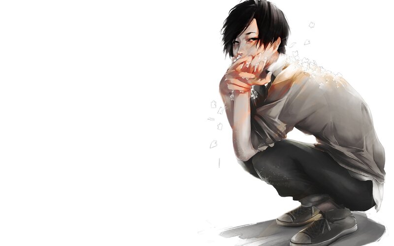 Anime Character Crouching — White, Dramatic