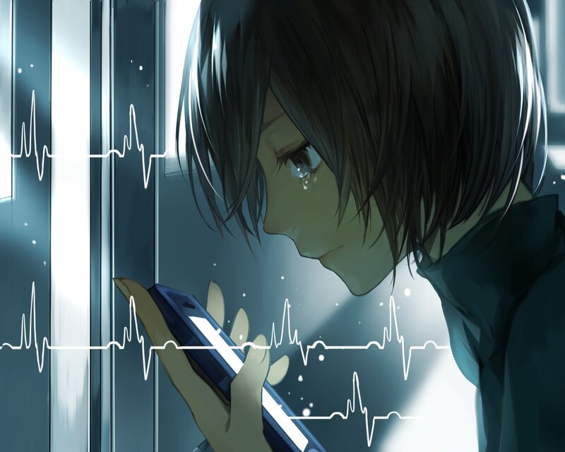 Anime Character Crying — Blue, Sad, Phone