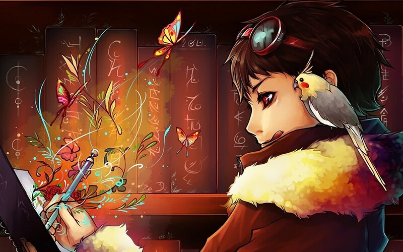 Anime Character Drawing — Brown, Dramatic, Digital Art, Bird