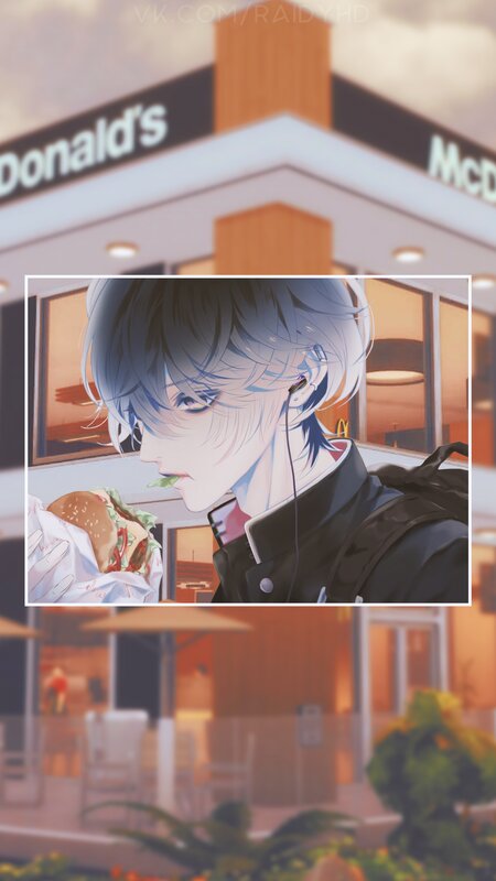 Anime Character Eating Burger — Blue, Calm