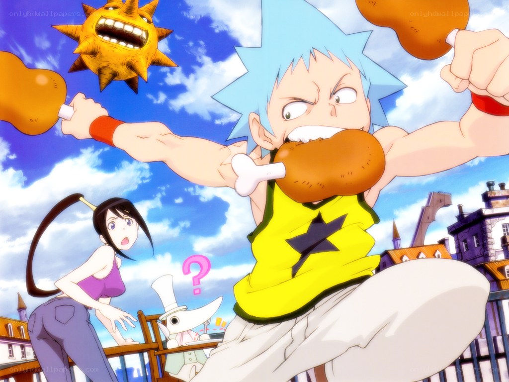 Anime character eating chicken