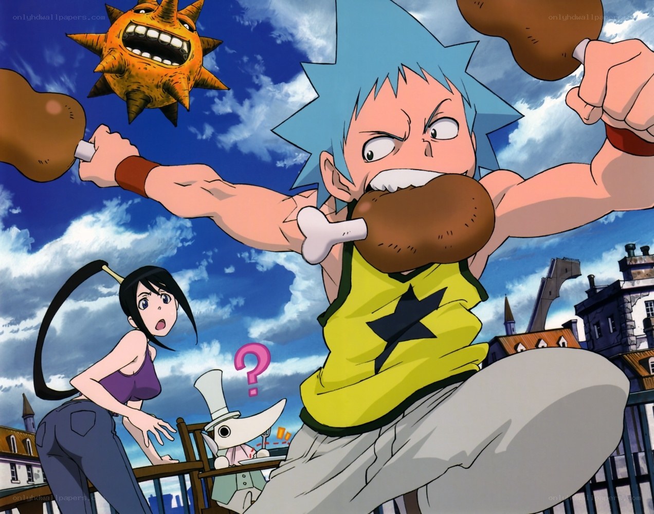 Anime character eating chicken