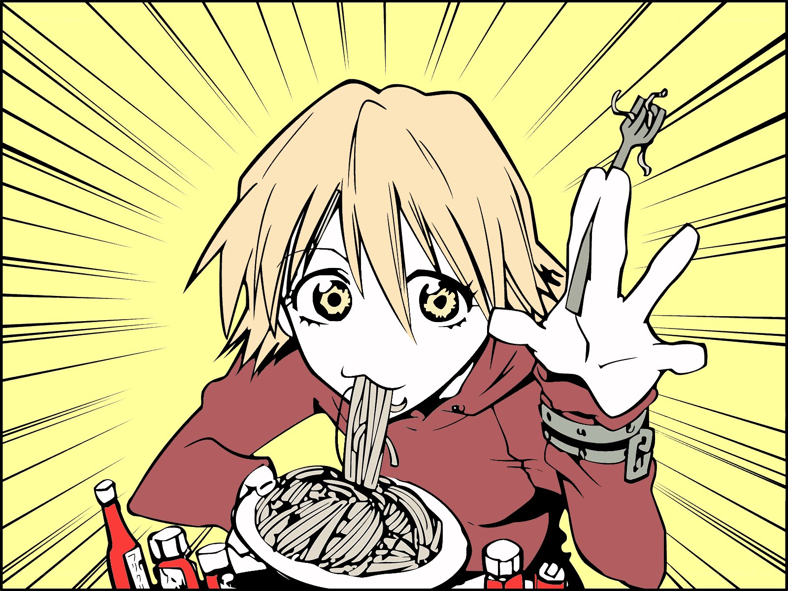 anime character eating noodles