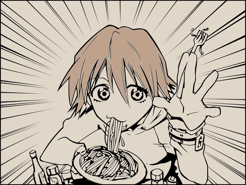 anime character eating noodles