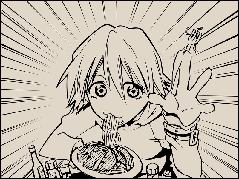 Anime Character Eating Noodles — Black, Energetic