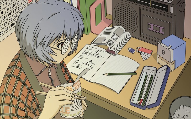 Anime Character Eating Noodles — Gray