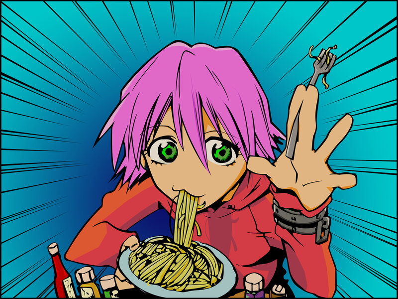 Anime Character Eating Noodles — Pink