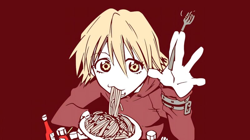 Anime Character Eating Noodles — Red, Energetic