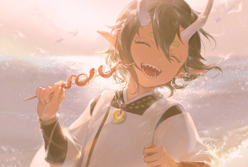 Anime Character Eating Squid