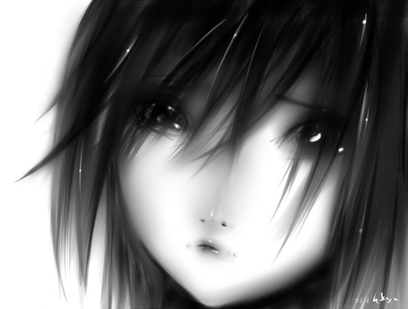 Anime Character Face — Black, Dramatic, Digital Art, Eyes, Hair