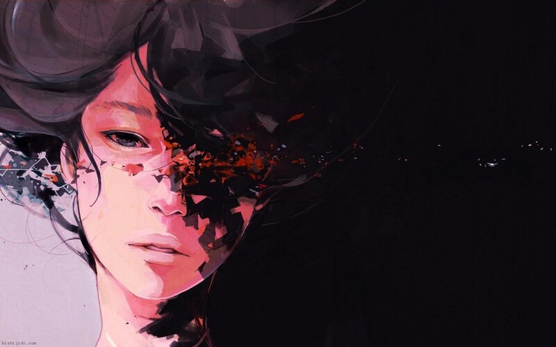 Anime Character Face — Black, Dramatic, Digital Art, Hair